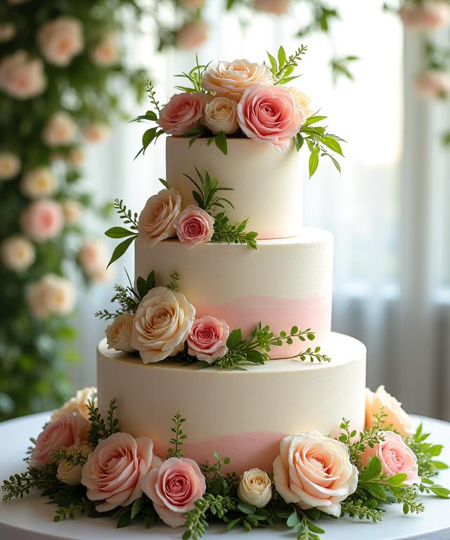 A breathtaking three-tiered wedding cake adorned with cascading fresh blush pink and cream flowers, surrounded by lush greenery.