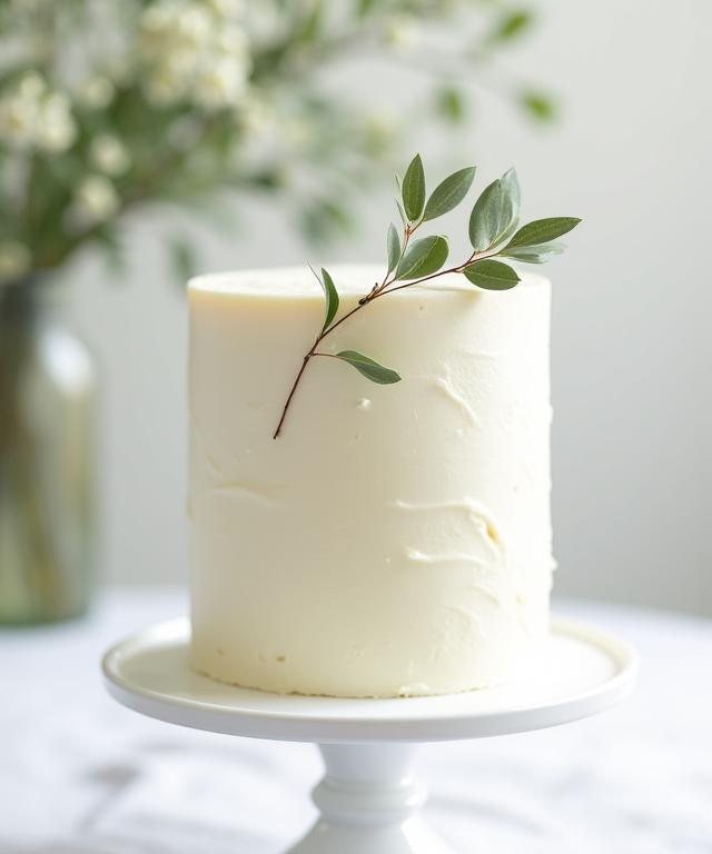 A sophisticated minimalist single-tier wedding cake with a semi-naked cream cheese finish, adorned with a delicate green sprig.