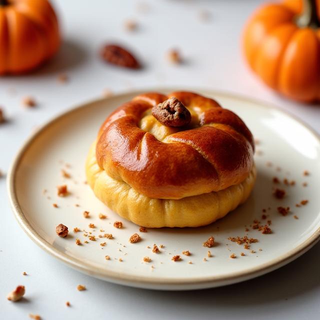 A single, perfect Spiced Pumpkin & Maple Choux bun on a serene ceramic plate, ready to be enjoyed.